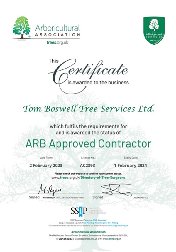 ArbAC Certificate 2023-24 Tom Boswell Tree Services