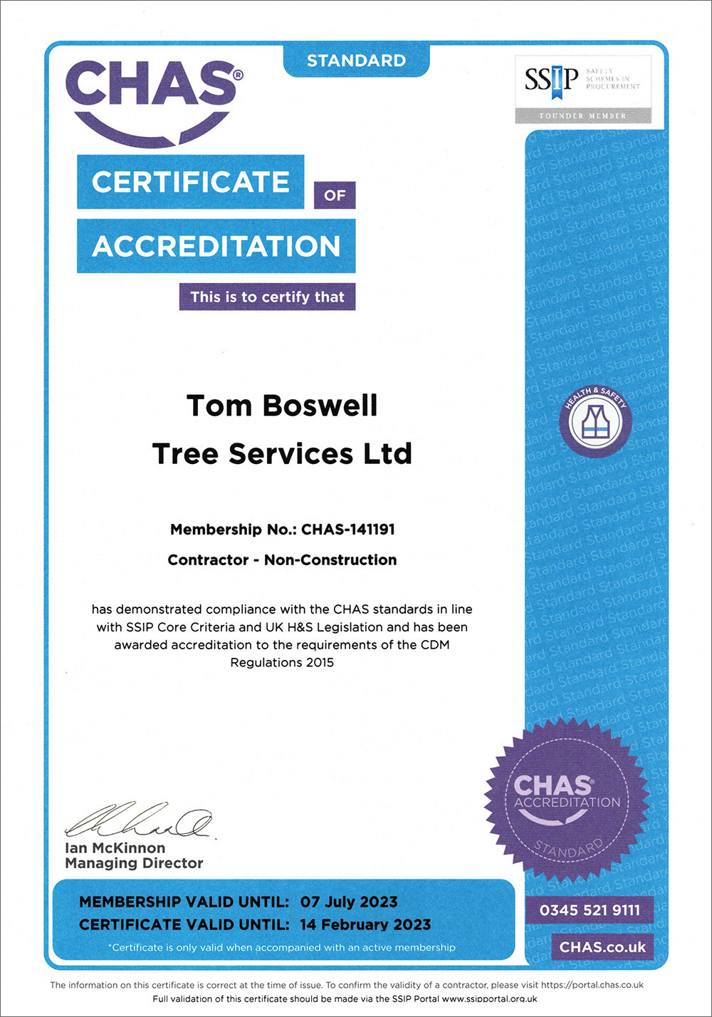 TBTS CHAS Certificate 2022-2023 Tom Boswell Tree Services
