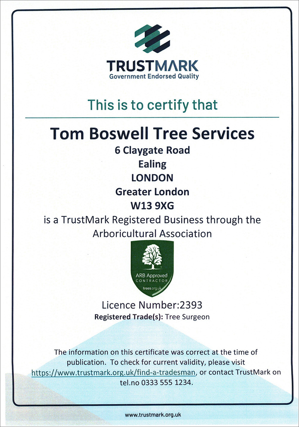Trustmark Certificate Tom Boswell Tree Services