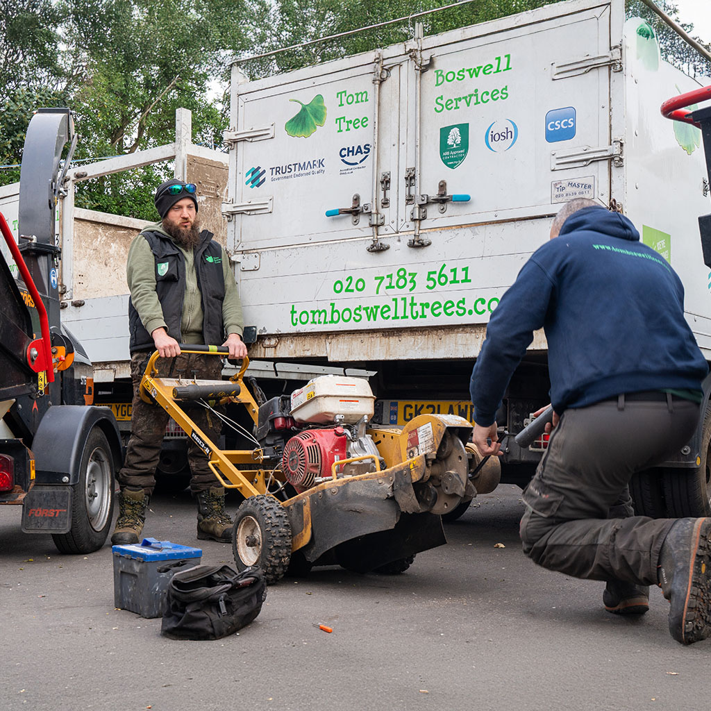 tree surgeons moving grinder in front of van