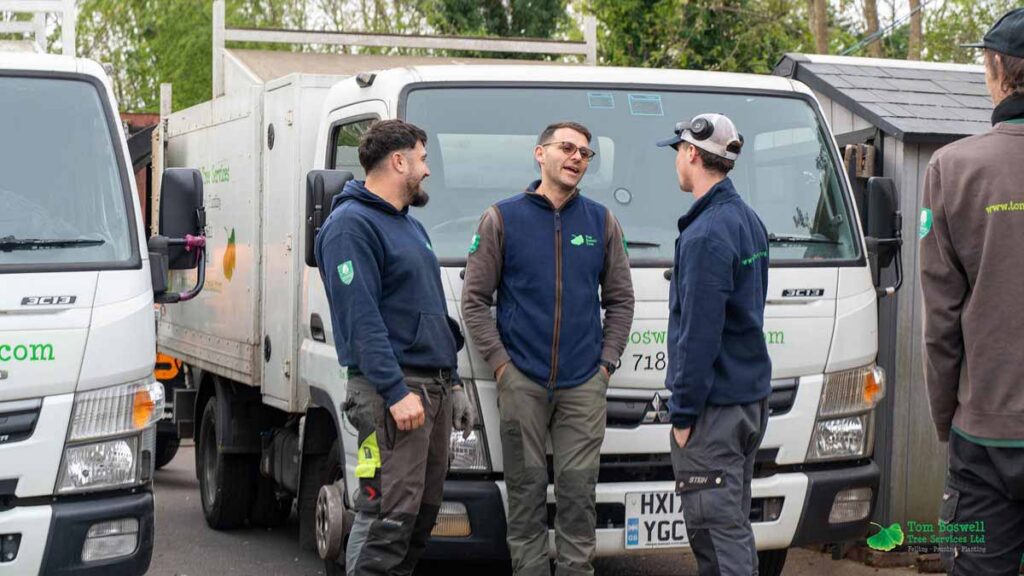 Tree surgeons discussing projects in front of Tom Boswell's van